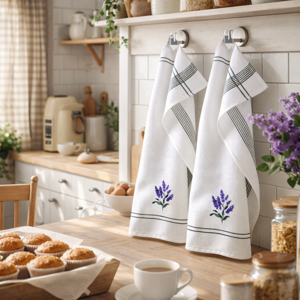 Viskestykke, Vaffelv�vet, Hvid med broderi af Lavendel, 50x70cm, bomuld