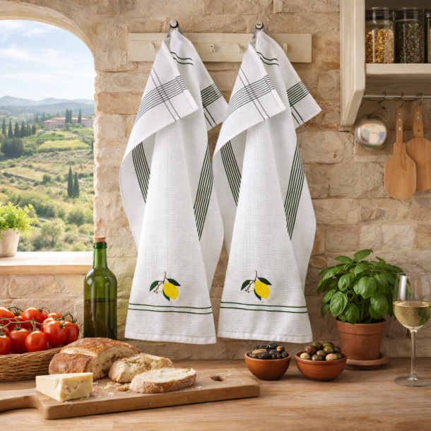 Viskestykke, Vaffelv�vet, Hvid med broderi af Citron, 50x70cm, bomuld