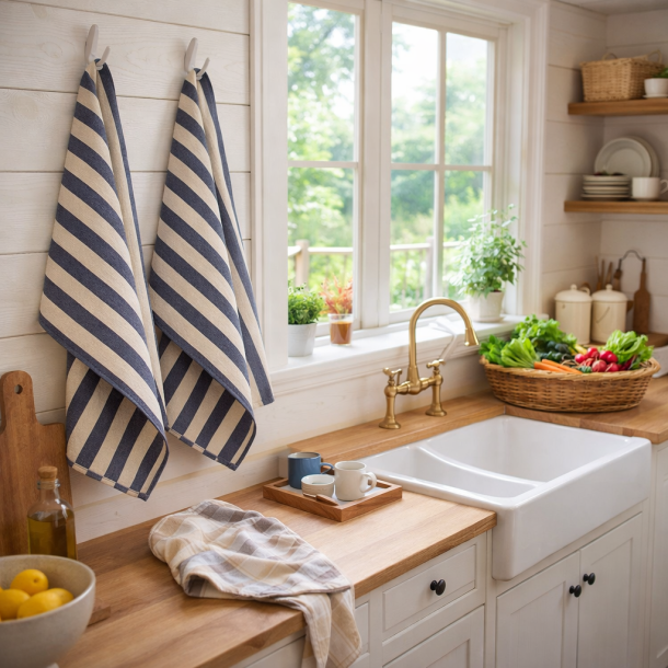 Viskestykke, Effi, Stribet M�rkebl�, 50x70cm, Bomuld, Lasa