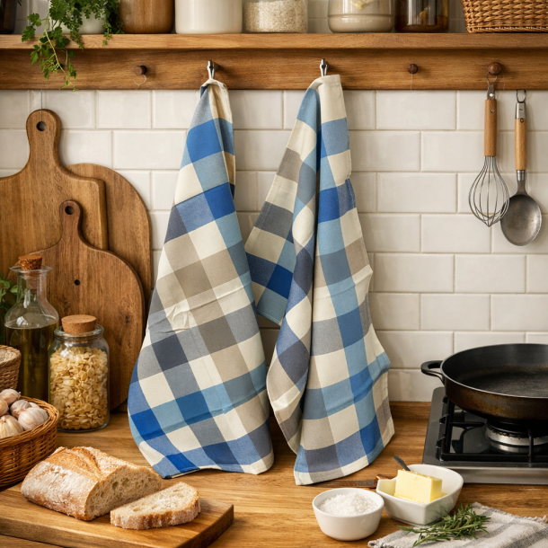 Viskestykke, Terra, Bl� og sandfarvet tern, 50x70cm, 100% Bomuld, Lasa