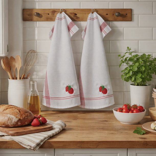 Viskestykke, Vaffelv�vet, Hvid med broderi af Jordb�r, 50x70cm, bomuld