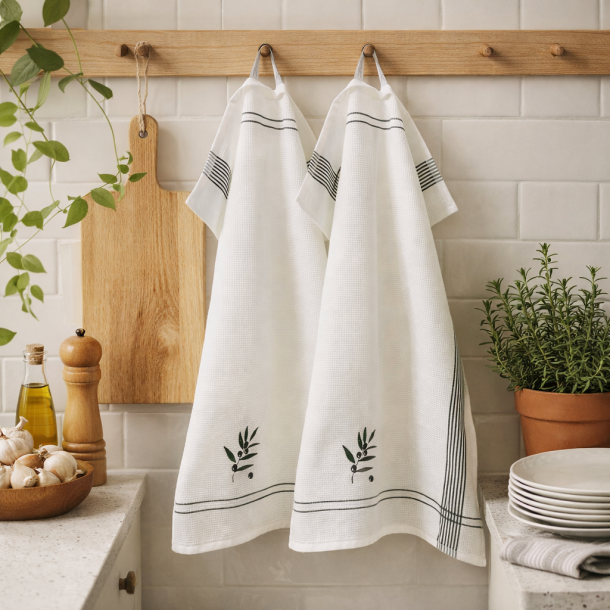 Viskestykke, Vaffelv�vet, Hvid med broderi af Oliven, 50x70cm, bomuld