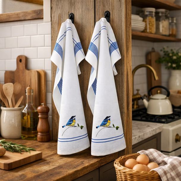 Viskestykke, Vaffelv�vet, Hvid med broderi af Bl�mejse, 50x70cm, bomuld