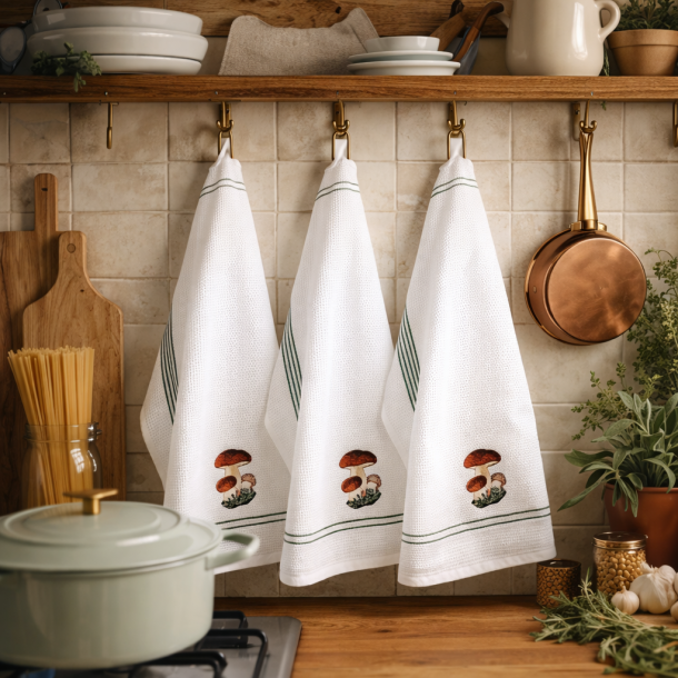 Viskestykke, Vaffelv�vet, Hvid med broderi af Champignon, 50x70cm, bomuld