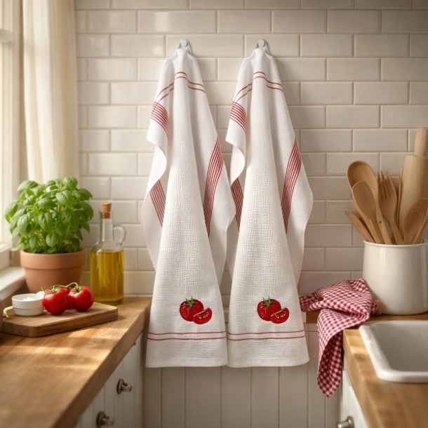 Viskestykke, Vaffelv�vet, Hvid med broderi af Tomat, 50x70cm, bomuld