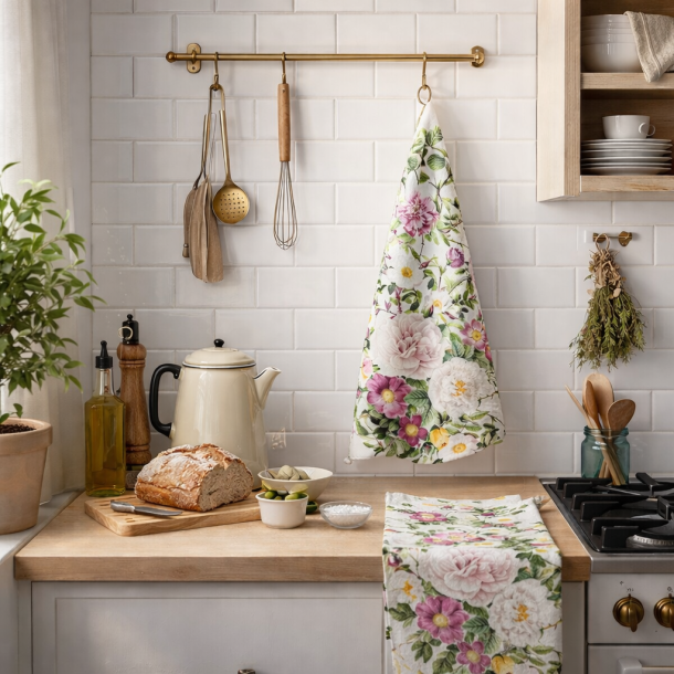 �kologisk viskestykke, Rose Flower Garden, 48x70 cm.