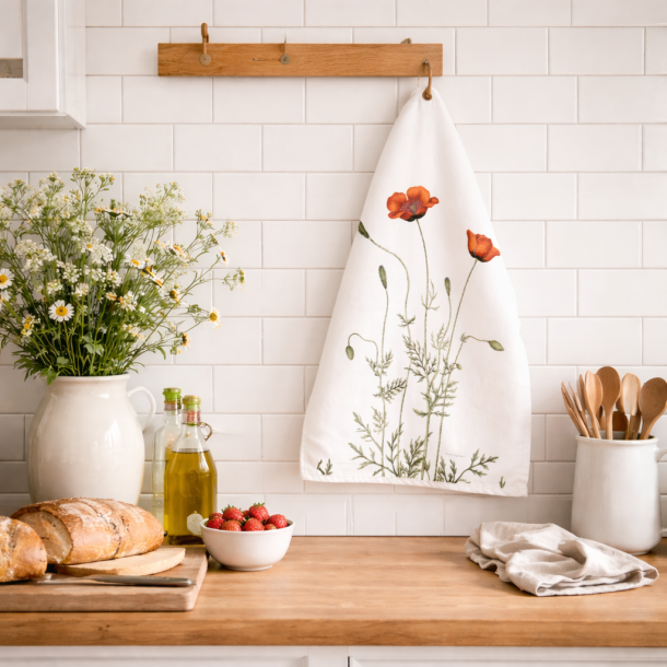 �kologisk viskestykke, K�llevalmue, 48x70 cm.