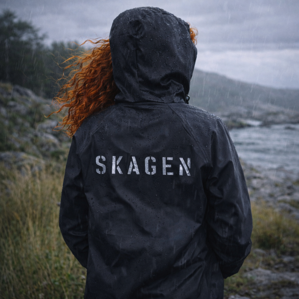 Klassisk sort regnfrakke med maritimt look