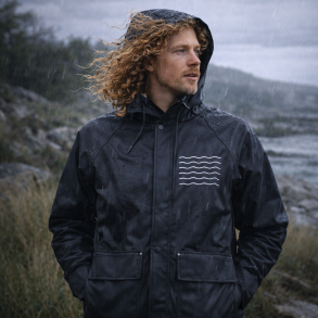 Klassisk sort regnfrakke med maritimt look