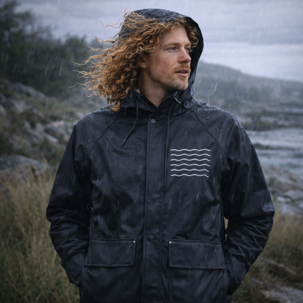 Klassisk sort regnfrakke med maritimt look