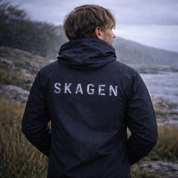 Klassisk sort regnfrakke med maritimt look