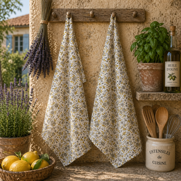 Viskestykke i gr�nne og natur farvet blomstret m�nster 50x70cm bomuld, Speedtsberg,