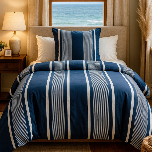 bySKAGEN Senget�j - Sille - Bomuldspercale - M�rkebl� striber