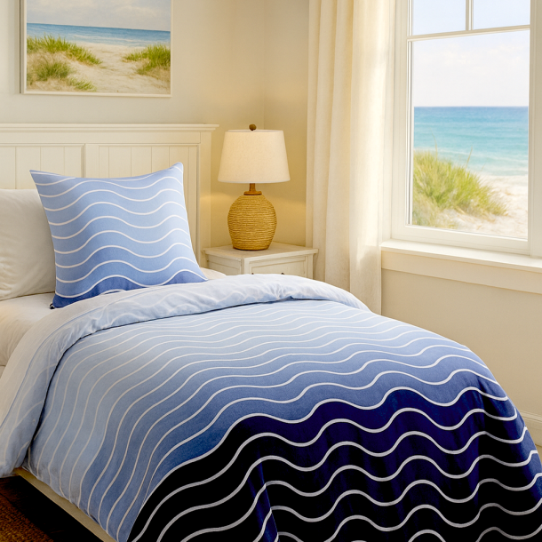 bySKAGEN Senget�j - Mare - Bomuldssatin - Bl� b�lgestribet