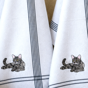 Viskestykke, Vaffelv�vet, Hvid med broderi af Kat, 50x70cm, bomuld