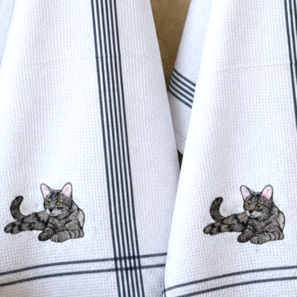 Viskestykke, Vaffelv�vet, Hvid med broderi af Kat, 50x70cm, bomuld