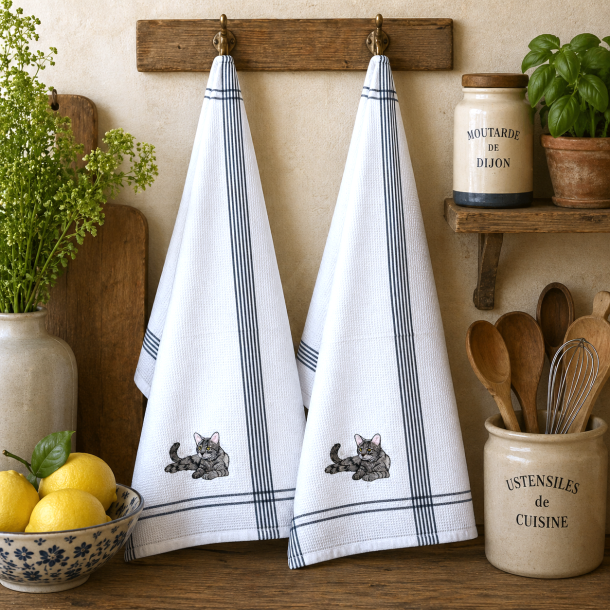 Viskestykke, Vaffelv�vet, Hvid med broderi af Kat, 50x70cm, bomuld