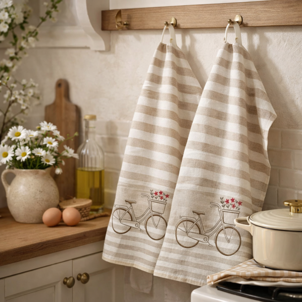 Viskestykke, Cykel M/blomsterkurv, 50x70cm, H�r/Bomuld