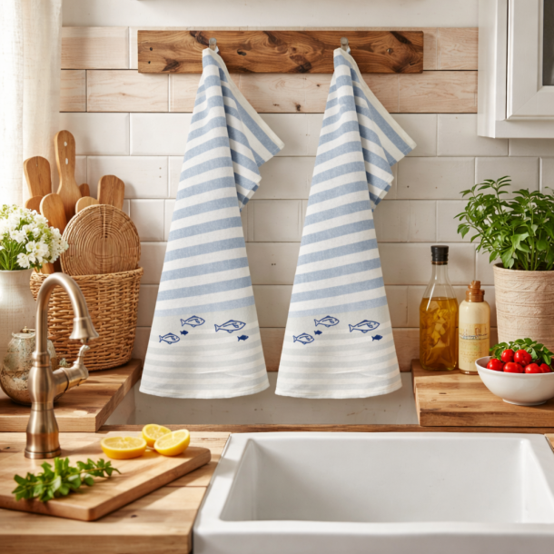 Viskestykke, Fisk, Store & Sm�, 50x70cm, H�r/Bomuld