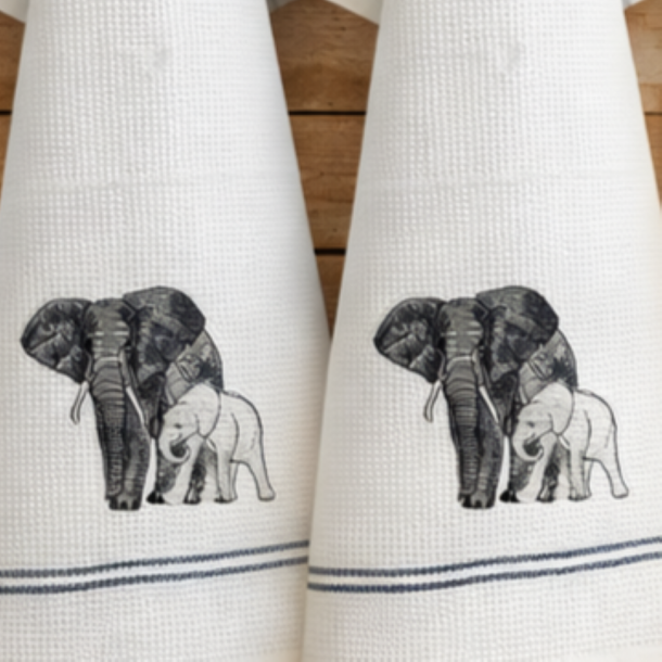 Viskestykke, Vaffelv�vet, Hvid med broderi af Elefanter, 50x70cm, bomuld