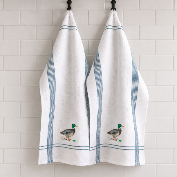 Viskestykke, Vaffelv�vet, Hvid med broderi af And, 50x70cm, bomuld