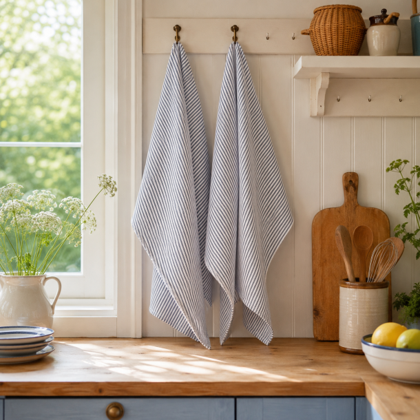 Viskestykke, Skagen stribet, M�rkebl�, 50x70 cm, Bomuld, Lasa