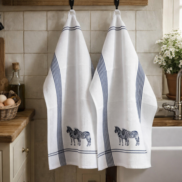 Viskestykke, Vaffelv�vet, Hvid med broderi af Zebraer, 50x70cm, bomuld