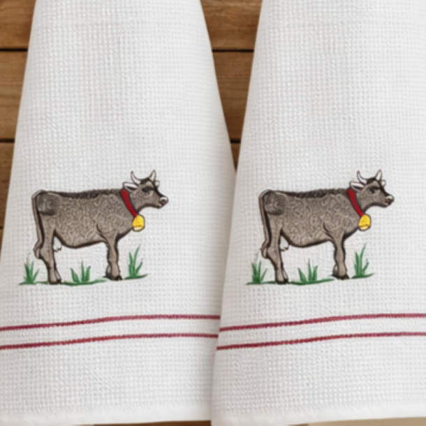 Viskestykke, Vaffelv�vet, Hvid med broderi af en Ko, 50x70cm, bomuld