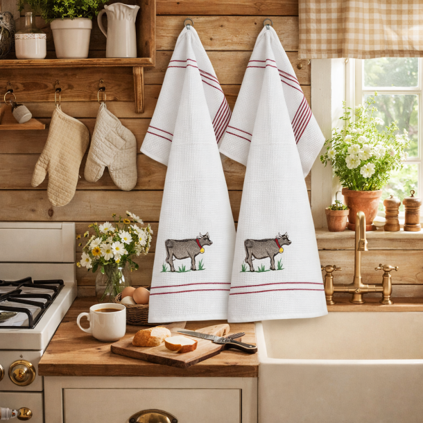 Viskestykke, Vaffelv�vet, Hvid med broderi af en Ko, 50x70cm, bomuld