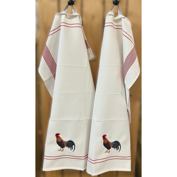 Viskestykke, Vaffelv�vet, Hvid med broderi af en Hane, 50x70cm, bomuld