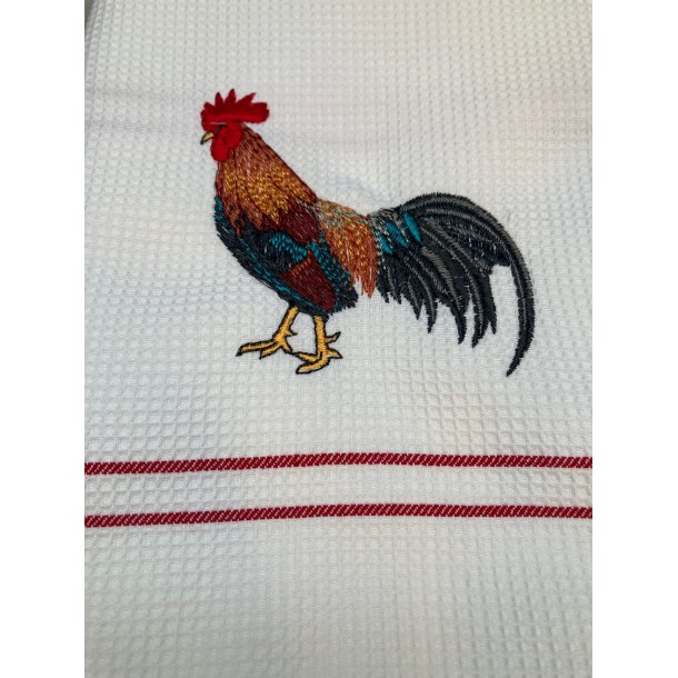 Viskestykke, Vaffelv�vet, Hvid med broderi af en Hane, 50x70cm, bomuld