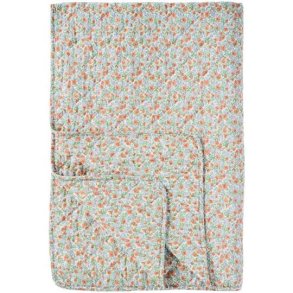 Quiltet vatt�ppe m/lysebl� og rust blomster, 130x180cm, Ib Laursen