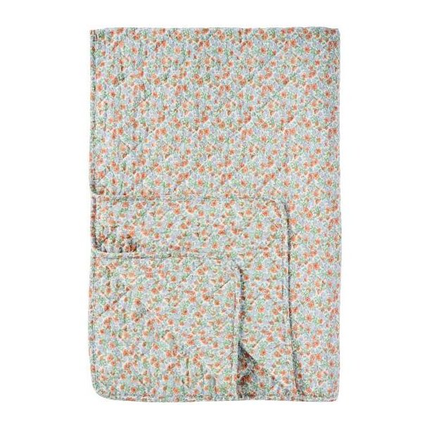 Quiltet vatt�ppe m/lysebl� og rust blomster, 130x180cm, Ib Laursen
