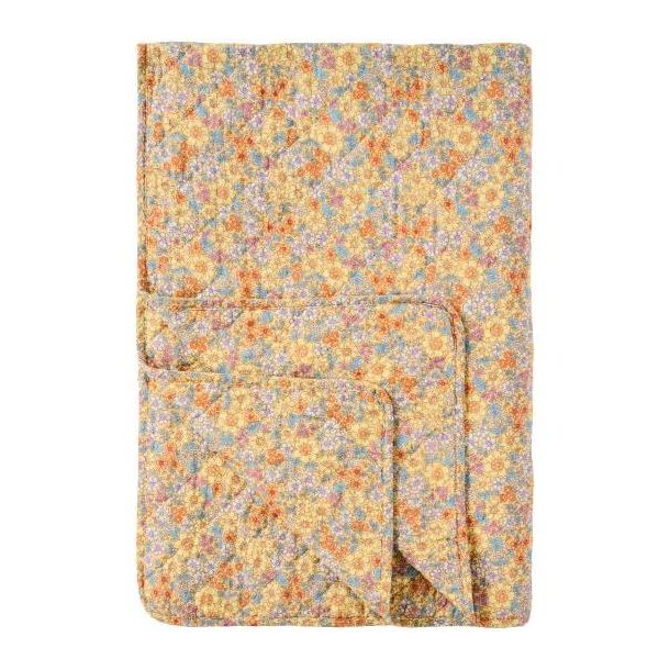 Quiltet vatt�ppe gul m/gule, bl�, orange og lilla blomster, 130x180cm, Ib Laursen