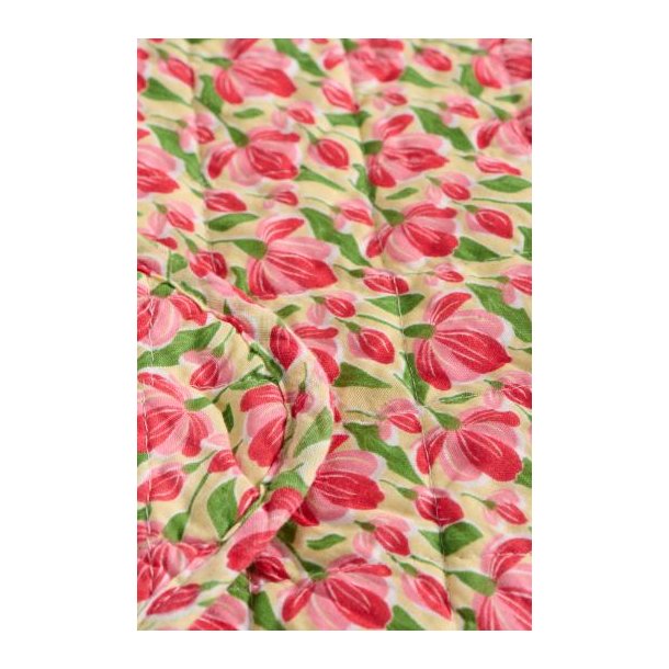 Vatt�ppe, Quiltet beige m/r�de og rosa blomster, gr�nne blade, Ib Laursen