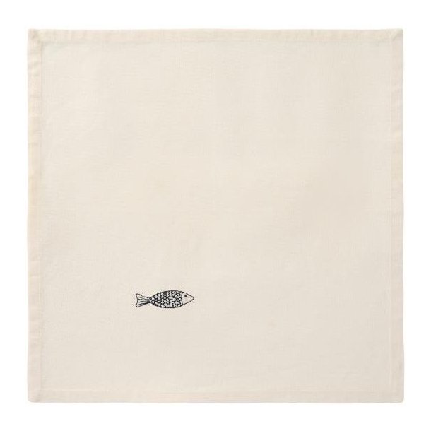 Stofserviet Atlantis m/broderi af bl� fisk, butter cream, B: 40 L: 40cm, Ib Laursen