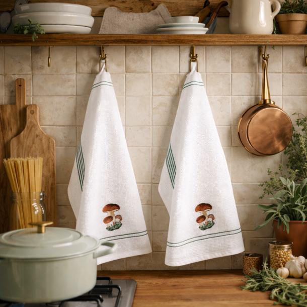 Viskestykke, Vaffelv�vet, Hvid med broderi af Svampe, 50x70cm, bomuld