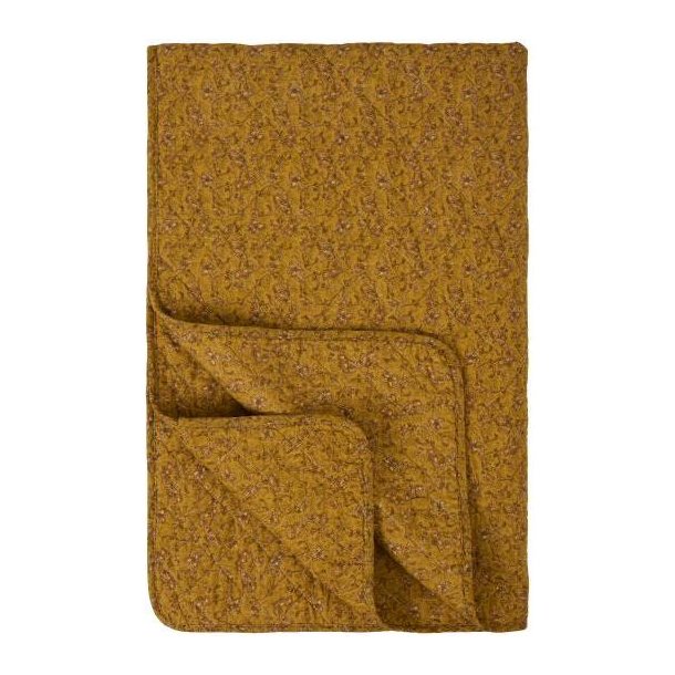 Vatt�ppe, Quiltet mustard m/gr�nne, gr� og brune blomsterranker 130x180cm, Ib Laursen