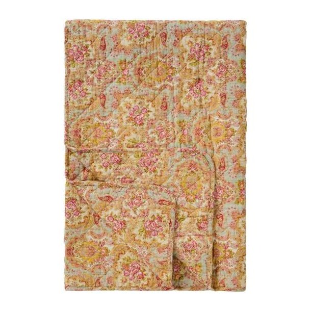 Vatt�ppe, Quiltet st�vbl� m/lyser�dt, r�dt, gr�nt og gult paisley- og blomsterm�nster, B: 130 L: 180, Ib Laursen